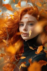 Fototapeta premium Red-haired woman in the park in autumn leaves. Selective focus.