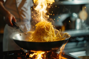 The chef is cooking hot and strong noodles in a wok, with fire burning on the pan. Spaghetti or pasta floating up from a bowl into the air above a kitchen table in the restaurant luxury .