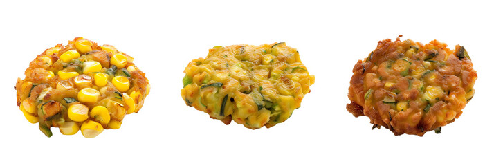 Obraz premium set of fritters, including corn and zucchini, isolated on transparent background