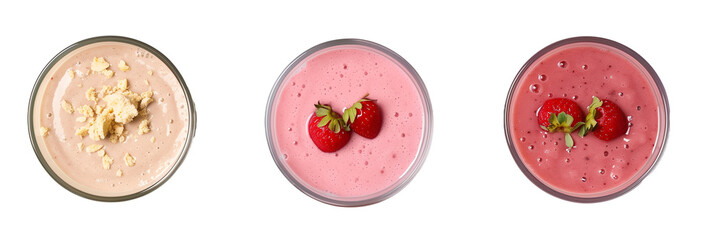 set of smoothies, including strawberry and protein, isolated on transparent background