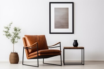 leather chair and black frame mockup on white wall background. Minimalist home decor with blank picture for artwork or poster in contemporary living room.