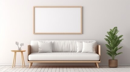 Naklejka premium A large white blank picture frame hangs over a large white sofa, mockup, horizontal, landscape format