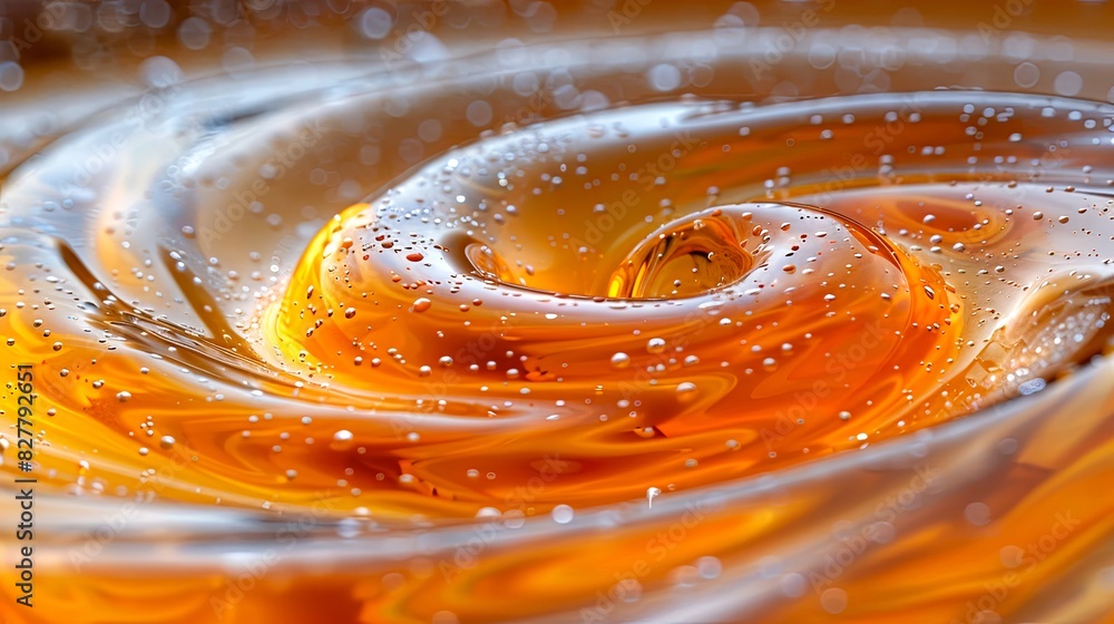 Poster close-up of swirling amber liquid with bubbles, showcasing an abstract and mesmerizing pattern in vi