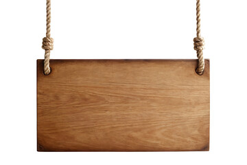 A blank, weathered wooden sign hanging from two ropes. Ideal for announcements, menus, quotes, or rustic decor.