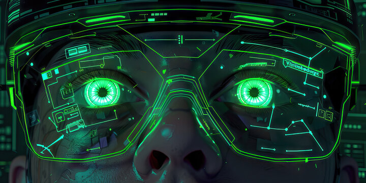 An augmented reality specialist, eyes glowing green from the HUD, helps clients navigate the digital realm, making the mundane seem cyberpunk