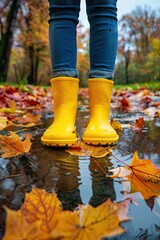 Autumn rubber boots and a puddle in the park. Selective focus.