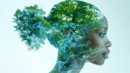 Double exposure of a woman with a tree, symbolizing the connection between nature and humanity, sustainability, and environmental awareness.