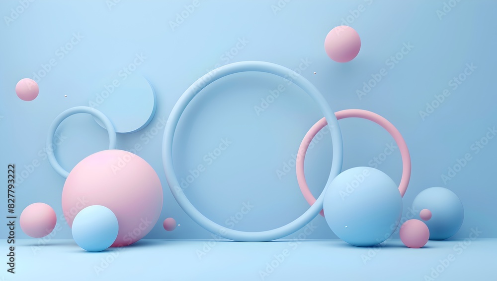 Poster abstract composition of pastel spheres with circle in the middle, 3d render, simple background, mini