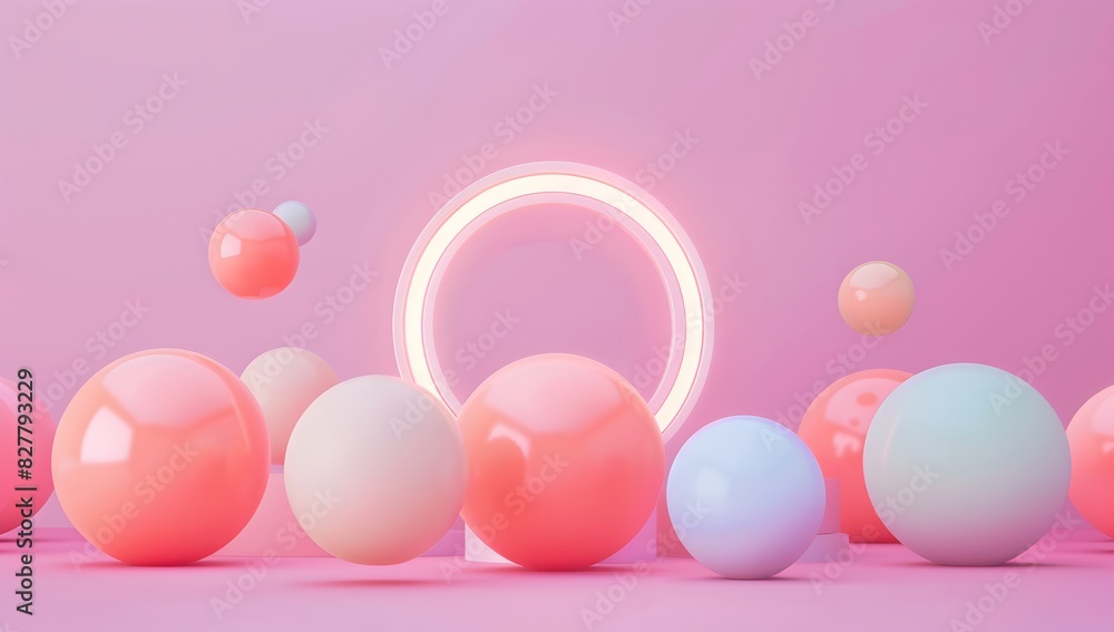 Poster abstract composition of pastel spheres with circle in the middle, 3d render, simple background, mini