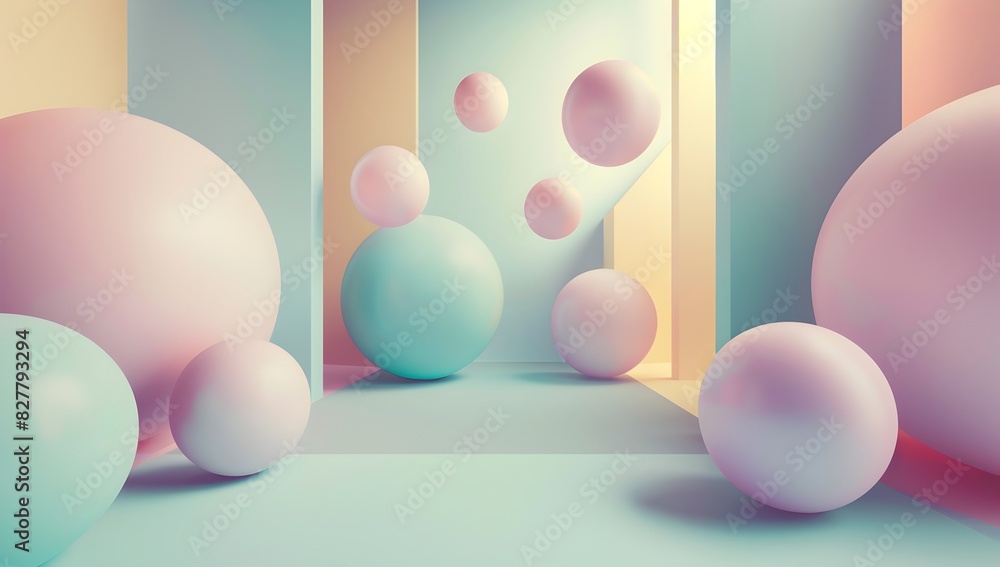 Poster abstract minimalistic 3d scene with spheres, soft pastel colors, empty space in the middle 
