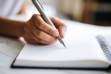 Close-up of Businesswomen Writing by Pen on a White Paper in an Office, a Woman Person Writing in Her Notebook in a Cafe, Coffee Shop