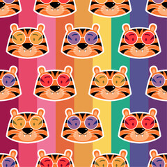Seamless pattern with a cute tigers with colourful glasses. Vector illustration in flat style. Stylized cartoon drawing of a cute tiger face