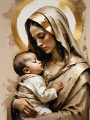 portrait of a mother holding her child with a thick golden and coffee, gray color paint mask, book cover and wall décor concept