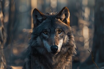 Obraz premium A majestic wolf standing in a forest, gazing intently forward with dense trees in the background, capturing the essence of the wild.