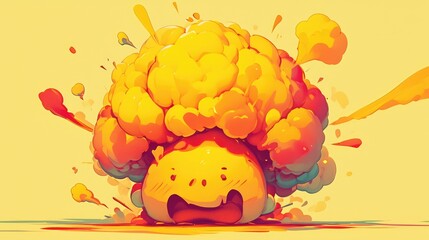 A vibrant cartoon character of a brain with its head exploding showcasing intense stress and information overload in isolation This 2d emoticon is powered by bursts of creative ideas and a 