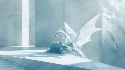 Mystical white dragon residing in an ethereal, marble-like temple illuminated by serene light. A captivating fantasy scene full of magic and wonder.