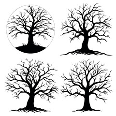  Dead tree set of silhouettes Dying black scary trees forest illustration.