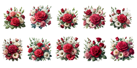 Collection of red rose and eustoma flowers floral arrangement isolated on a transparent background AI Generative