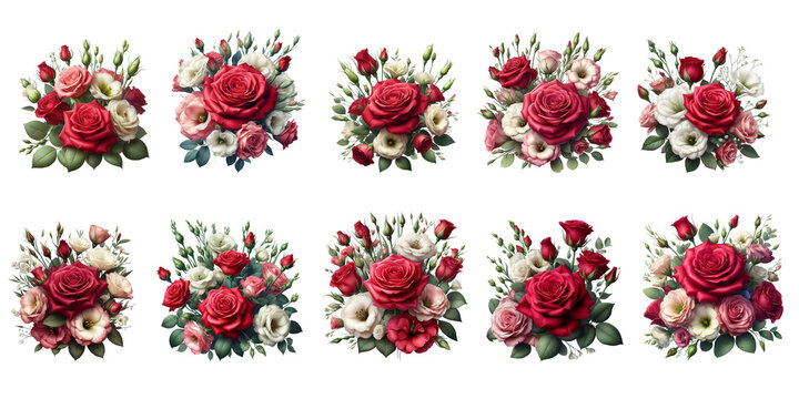 Collection of red rose and eustoma flowers floral arrangement isolated on a transparent background AI Generative