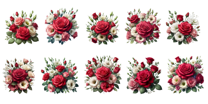 Collection of red rose and eustoma flowers floral arrangement isolated on a transparent background AI Generative