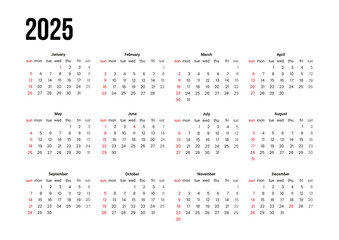 Simple сalendar 2025 with week start Sunday. Vector design template corporate of a wall or desk calendar
