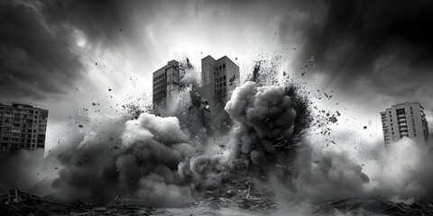 Black and white image of building explosion for news or emergency materials. Concept Disaster...