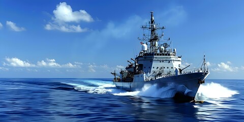 Naval ship guards against pirate attacks in highrisk waters to protect tankers. Concept Naval Security, Pirate Attacks, High-risk Waters, Tanker Protection, Maritime Defense,