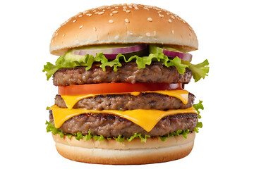 A cheeseburger with two beef patties, melted cheese, lettuce, tomato, onion, and pickles on a sesame seed bun. Perfect for restaurant menus, food blogs, or advertisements
