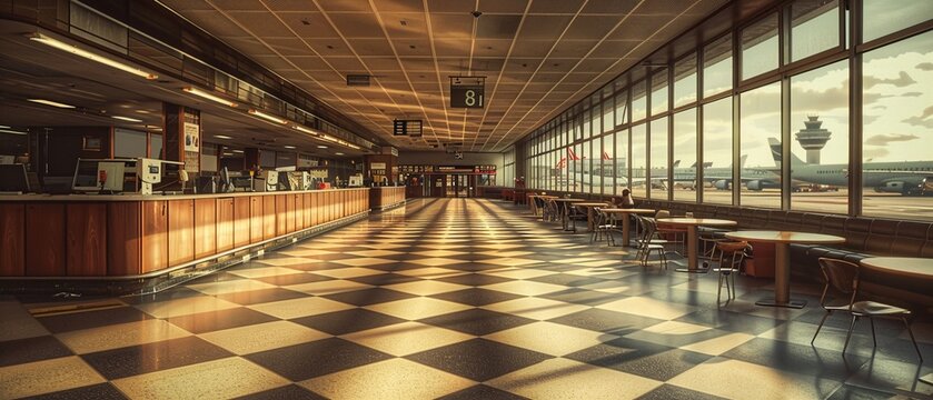 Vintage style image of an airport terminal with checkin counters, sepia tones, and nostalgic atmosphere, Vintage, Photography 8K , high-resolution, ultra HD,up32K HD