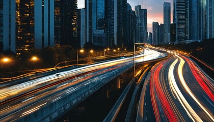 Obraz premium Light flow of traffic on a evening highway in a ci