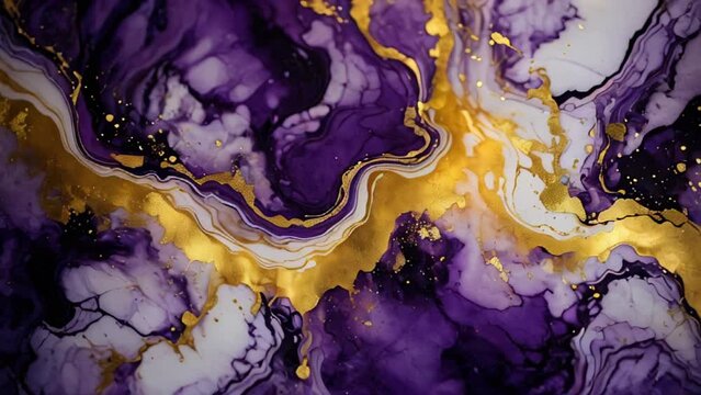 Fluid art drawing video, modern acryl texture with colorful waves. Liquid paint mixing backdrop with splash and swirl. Detailed background motion with golden, purple colors.