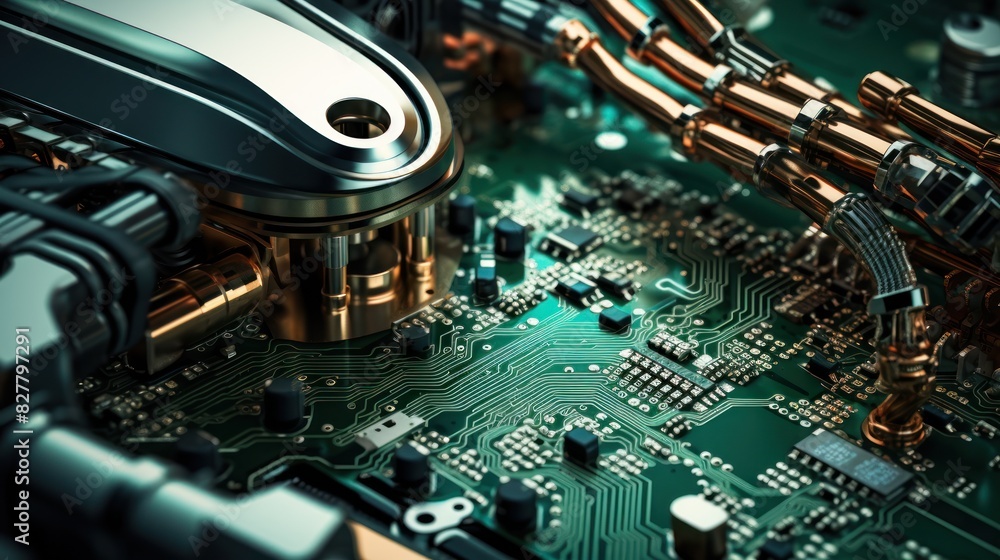 Poster futuristic robot arm delicately assembling a complex circuit board.