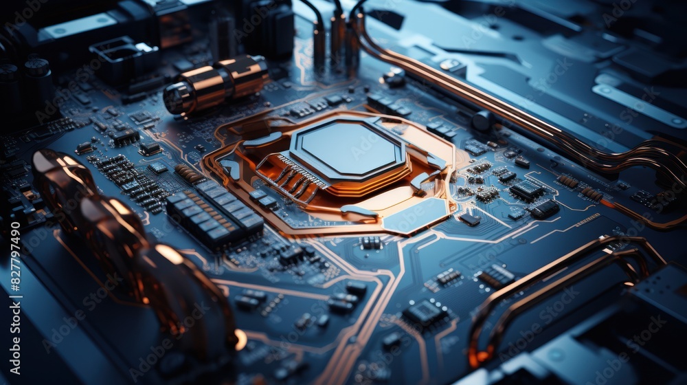 Poster futuristic robot arm delicately assembling a complex circuit board.