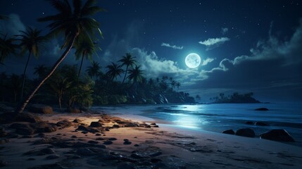 The full moon rises over a tropical beach at night