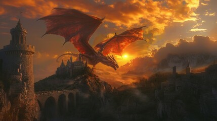 Dragon fly over a castle at sunset