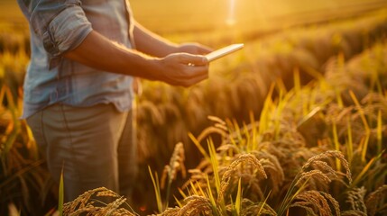 Farmer using digital tablet in the middle of a wheat field checking the quality of the crop