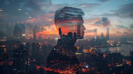 Double exposure of silhouettes of businessmen and city at night