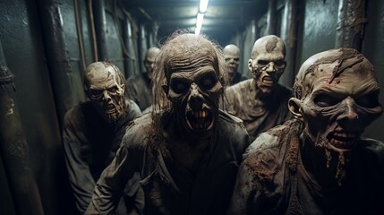 A group of zombies walk down a dark hallway.