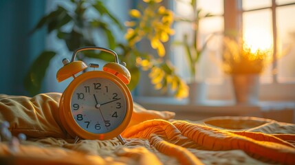 The morning sun shines through the window onto a bed with a yellow alarm clock.