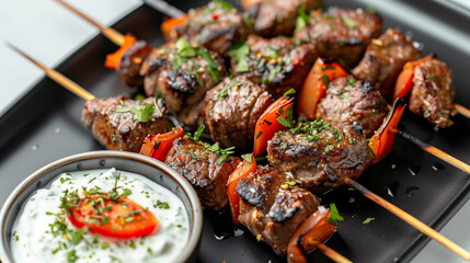 Fototapeta premium Grilled Mediterranean Lamb Skewers with Tzatziki Sauce