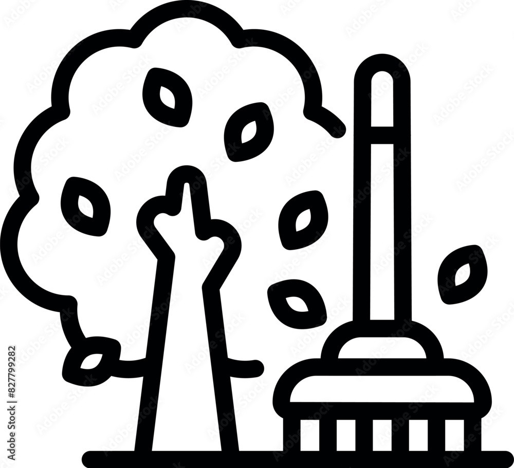Poster simple black line icon illustrating the concept of apple picking with a tree and basket