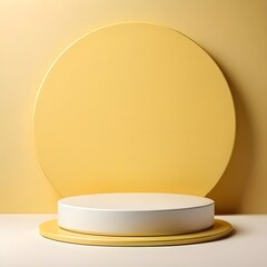 Minimal scene with Empty Podium and Pale Yellow background. Yellow and silk hues Rendering. Trendy 3d render is suitable for social media banners, promotional Content, and cosmetic product display.