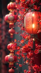 Fototapeta premium Auspicious Red Lanterns and Peach Blossoms