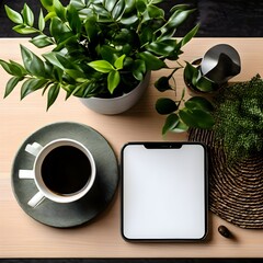 Workspace Desk in Home Office with Mobile Phone Mockup Featuring Blank Screen, Cup of Coffee, and Green Potted Plant