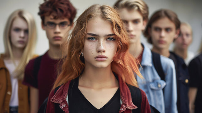 A group of teenagers standing together, focused and determined. Symbolizes youth, unity, and strength. Ideal for campaigns on youth empowerment, education, anti-bullying, social issues, and community