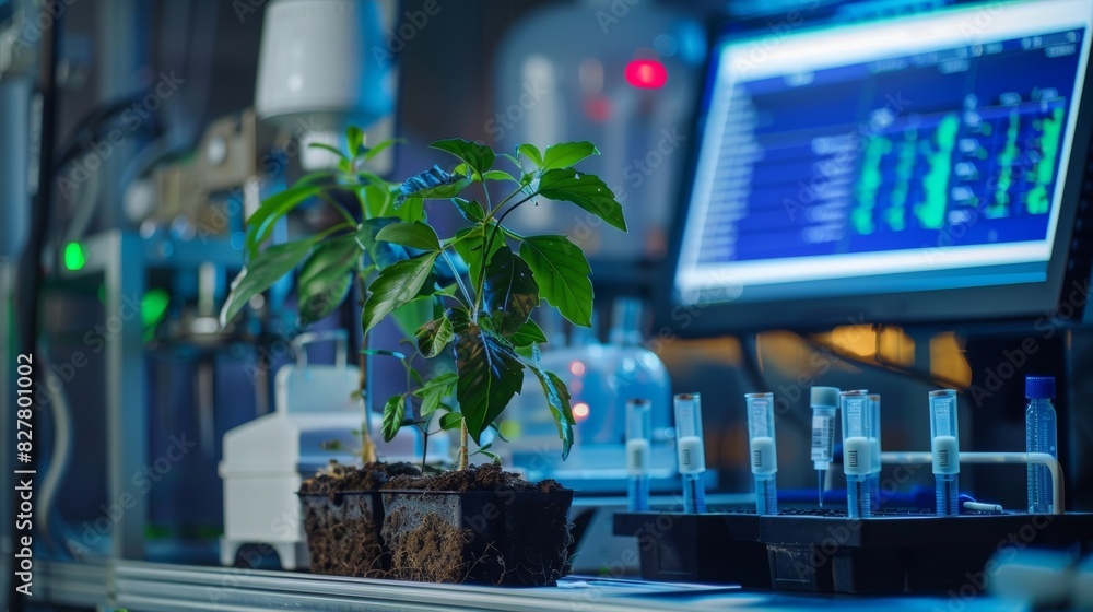Poster a hightech machine analyzes the soil composition of a potted plant while a computer screen displays 