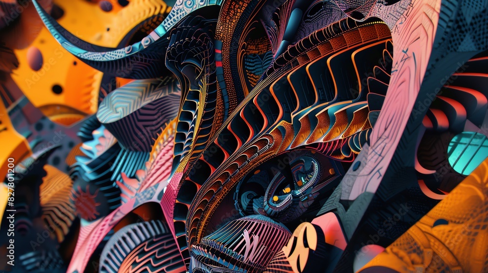 Poster vivid abstract art with intricate patterns and vibrant colors, creating a mesmerizing visual experie