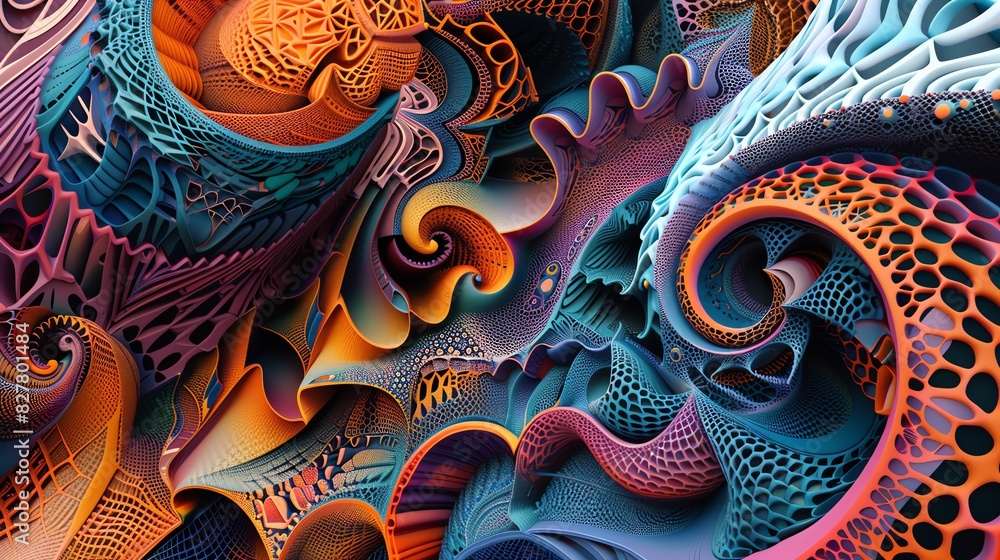 Poster abstract vibrant digital artwork featuring swirling patterns and vivid colors, creating a dynamic an