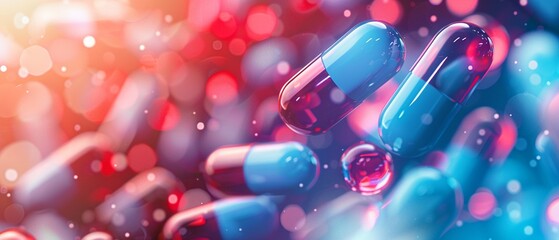Floating capsules and tablets in midair, red and blue colors, soft focus background with light gradient, high resolution, Realism, Photography 8K , high-resolution, ultra HD,up32K HD