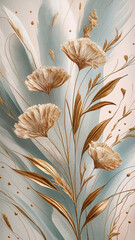 An exquisite and minimalistic artistic portrait featuring delicate golden-colored flowers and elongated leaves, gracefully arranged against a soft pastel background. 